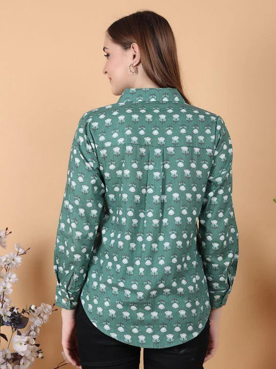 Bottle Green Flower Print Shirt