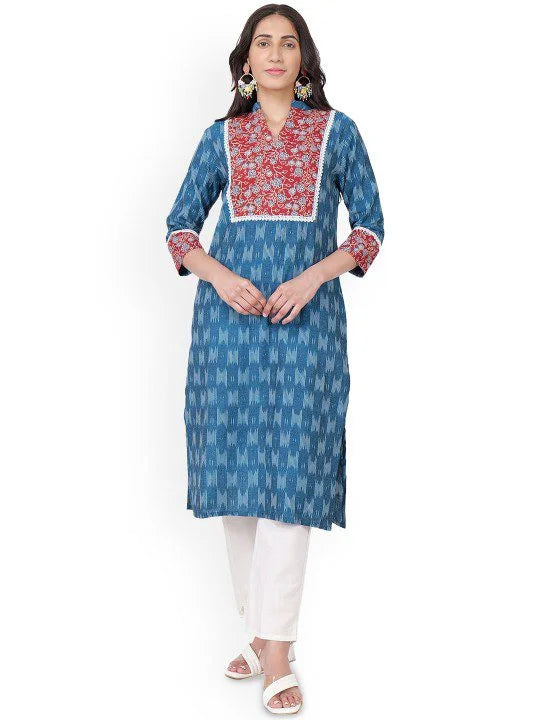 Ajrakh Yoke Blue Ikat Straight Kurta