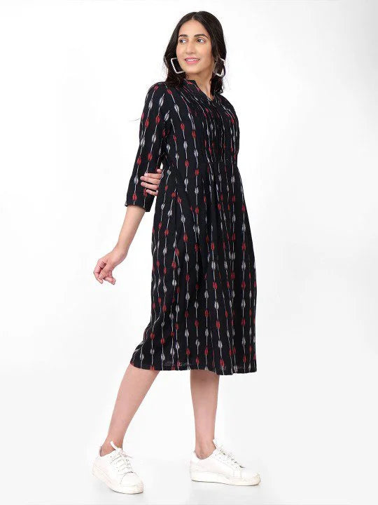 Black Ikkat Pintex Yoke Midi Dress
