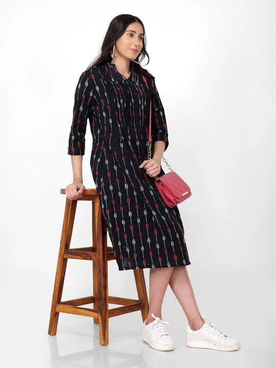 Black Ikkat Pintex Yoke Midi Dress