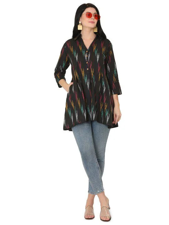 Black Ikkat Cotton A line Short Top