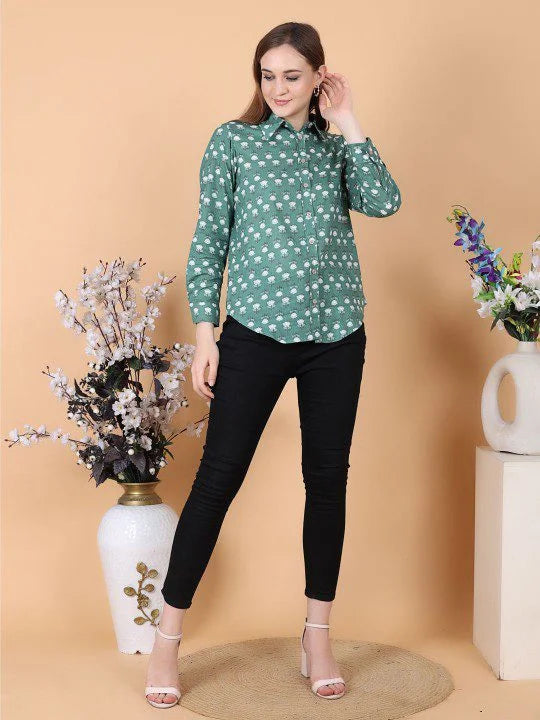Bottle Green Flower Print Shirt