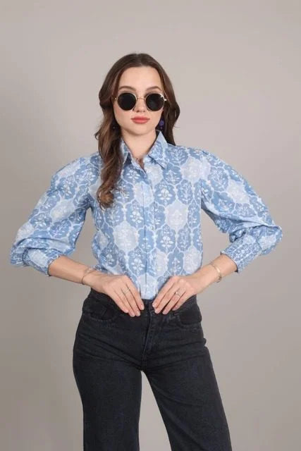 Sky Blue Heritage Print Cotton Shirt