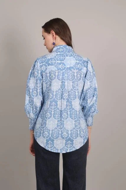 Sky Blue Heritage Print Cotton Shirt