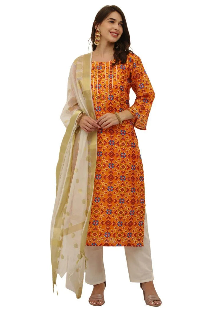Cotton Chanderi Patola Straight Kurta