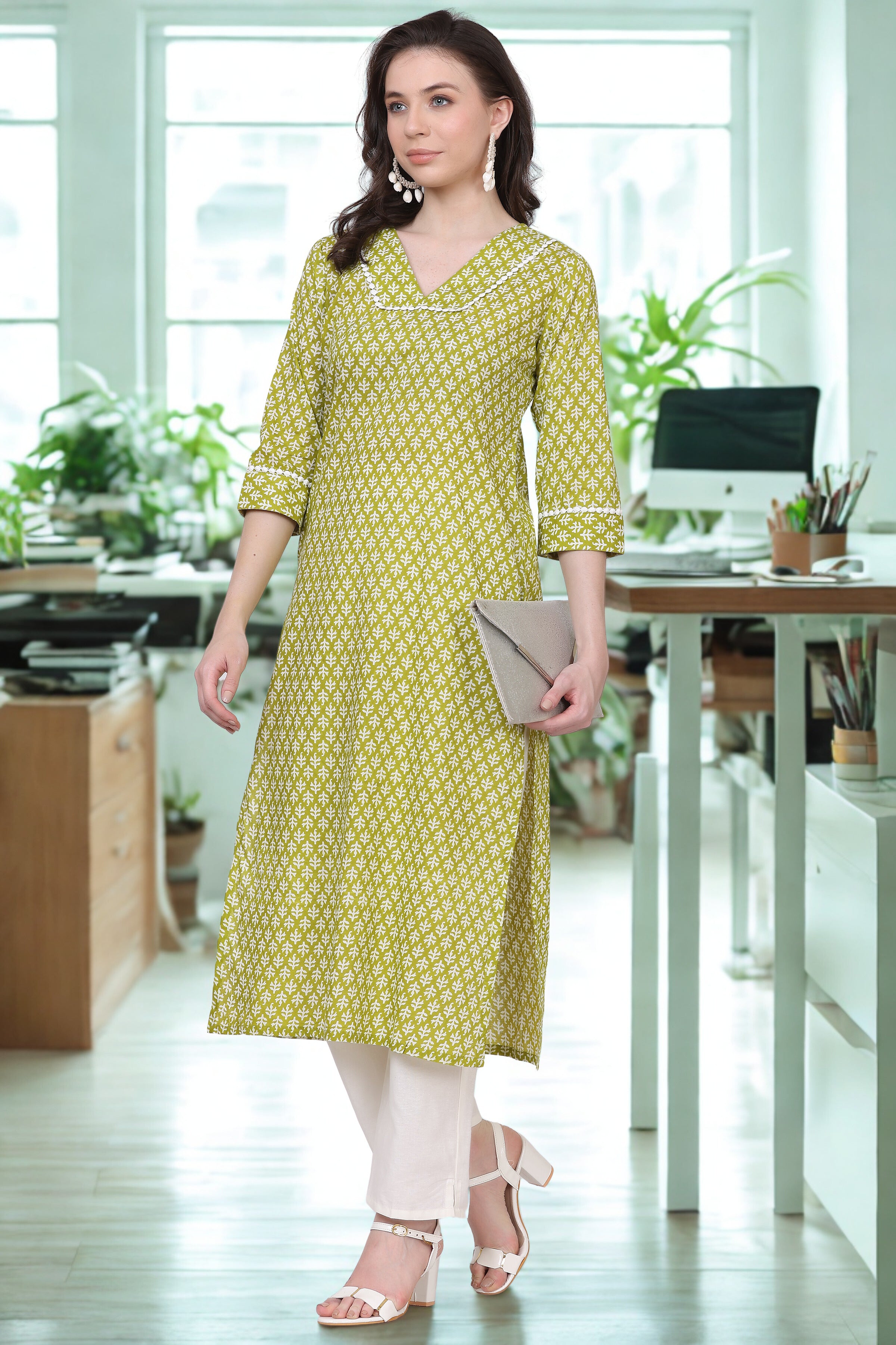 Cotton Straight Kurta with V-Neck & Side Pocket