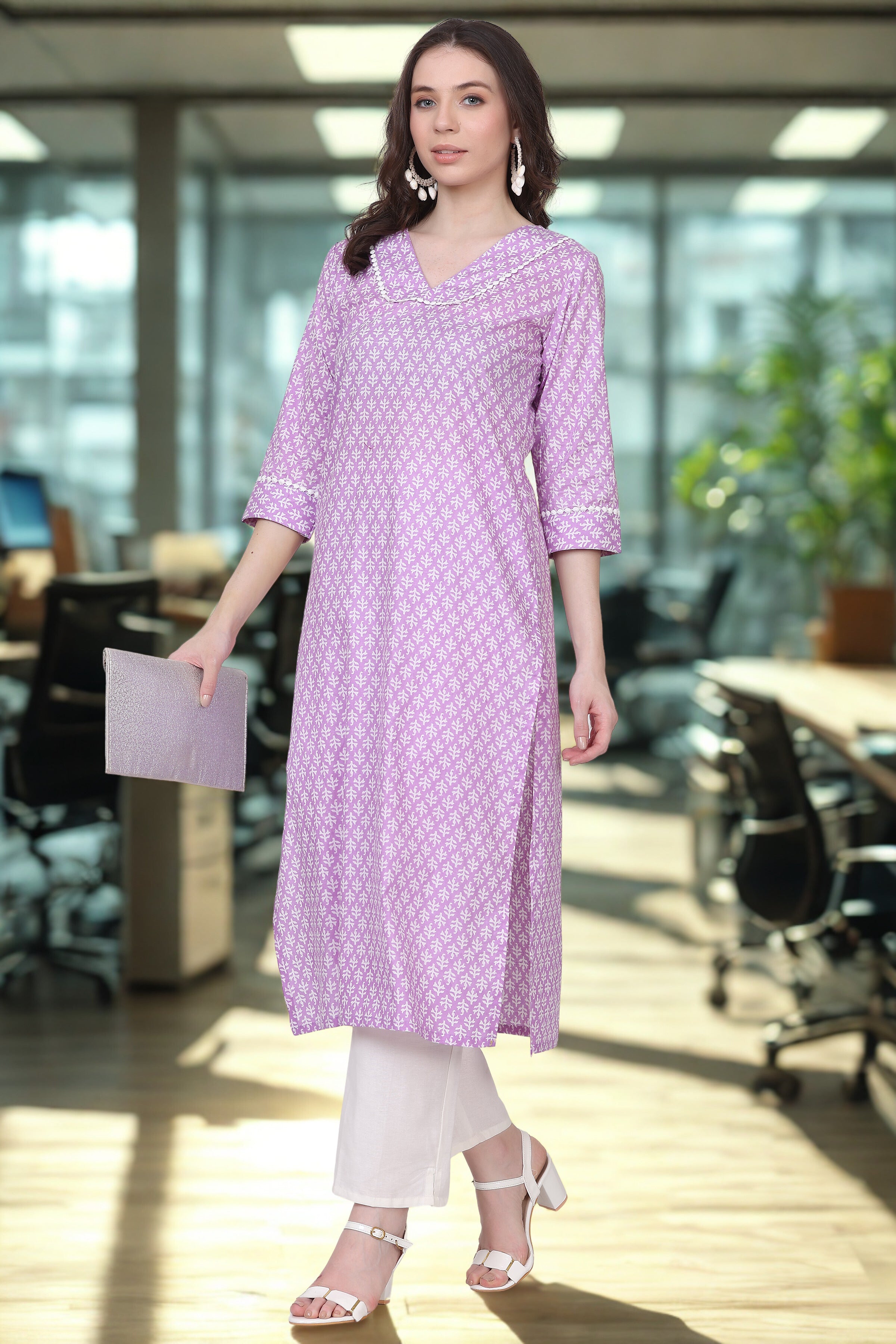 Cotton Straight Kurta with V-Neck & Side Pocket