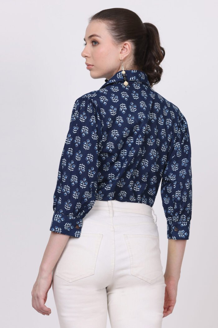 Rutba - Women Cotton Indigo Block Print ,3/4 Sleeves Shirt - Image 8