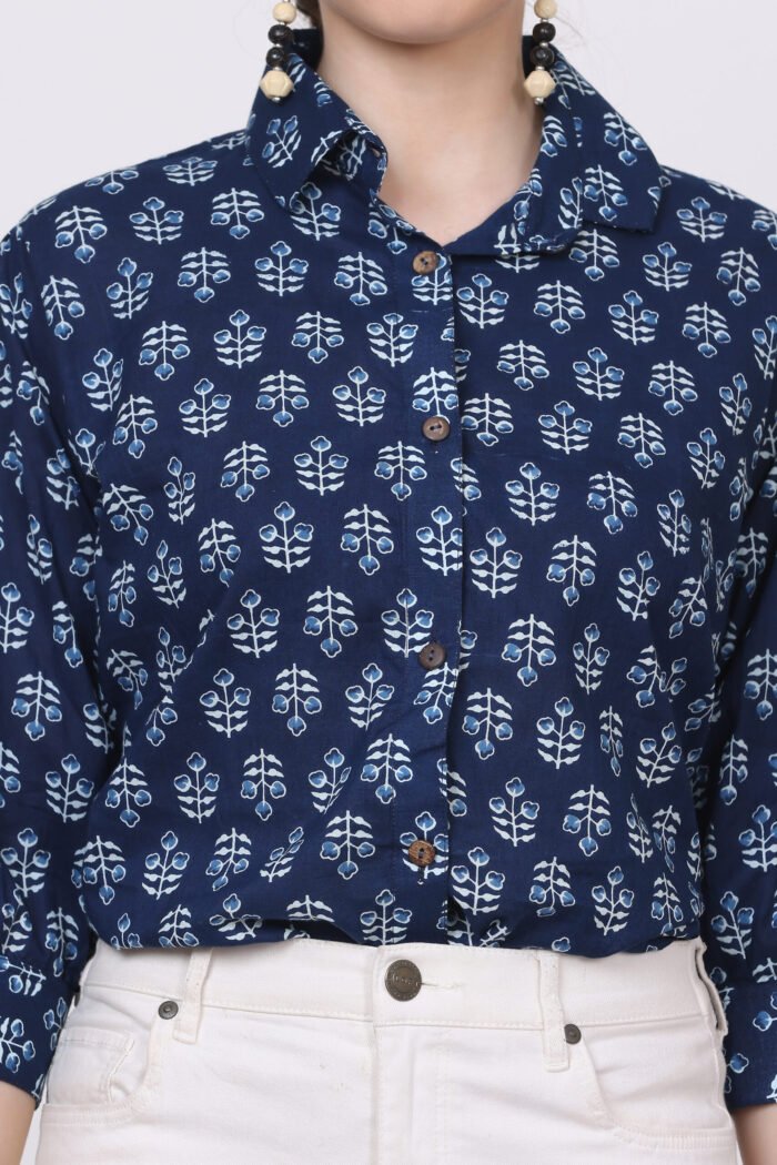 Rutba - Women Cotton Indigo Block Print ,3/4 Sleeves Shirt - Image 7