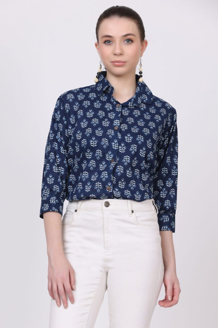 Rutba - Women Cotton Indigo Block Print ,3/4 Sleeves Shirt - Image 6