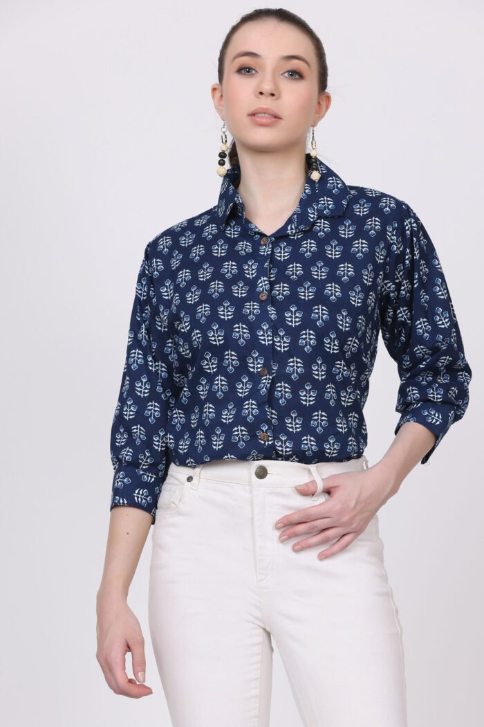 Rutba - Women Cotton Indigo Block Print ,3/4 Sleeves Shirt - Image 5