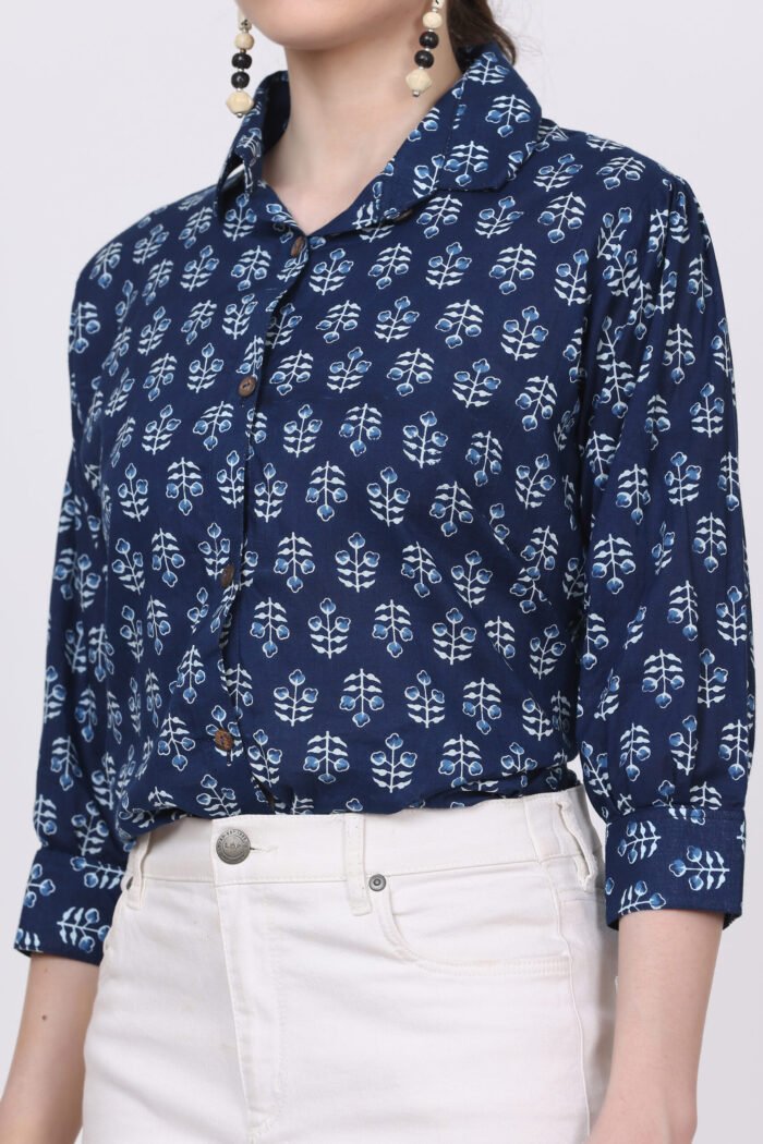 Rutba - Women Cotton Indigo Block Print ,3/4 Sleeves Shirt - Image 2
