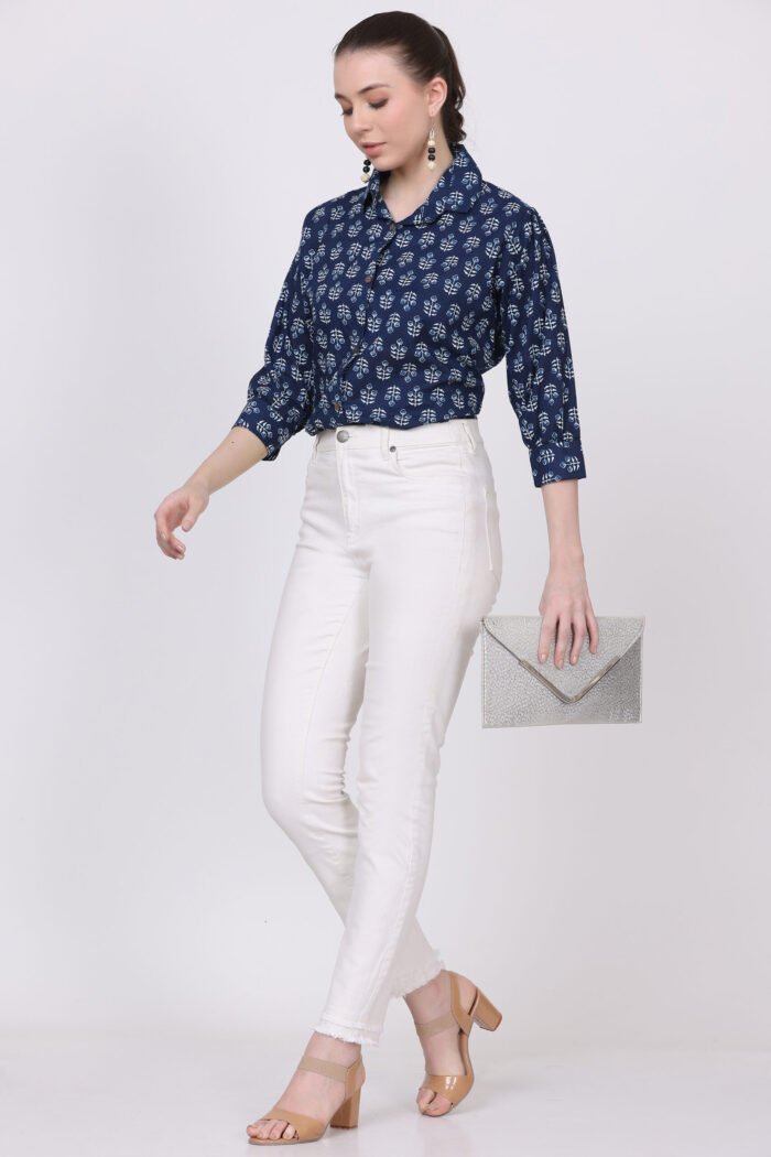 Rutba - Women Cotton Indigo Block Print ,3/4 Sleeves Shirt - Image 1