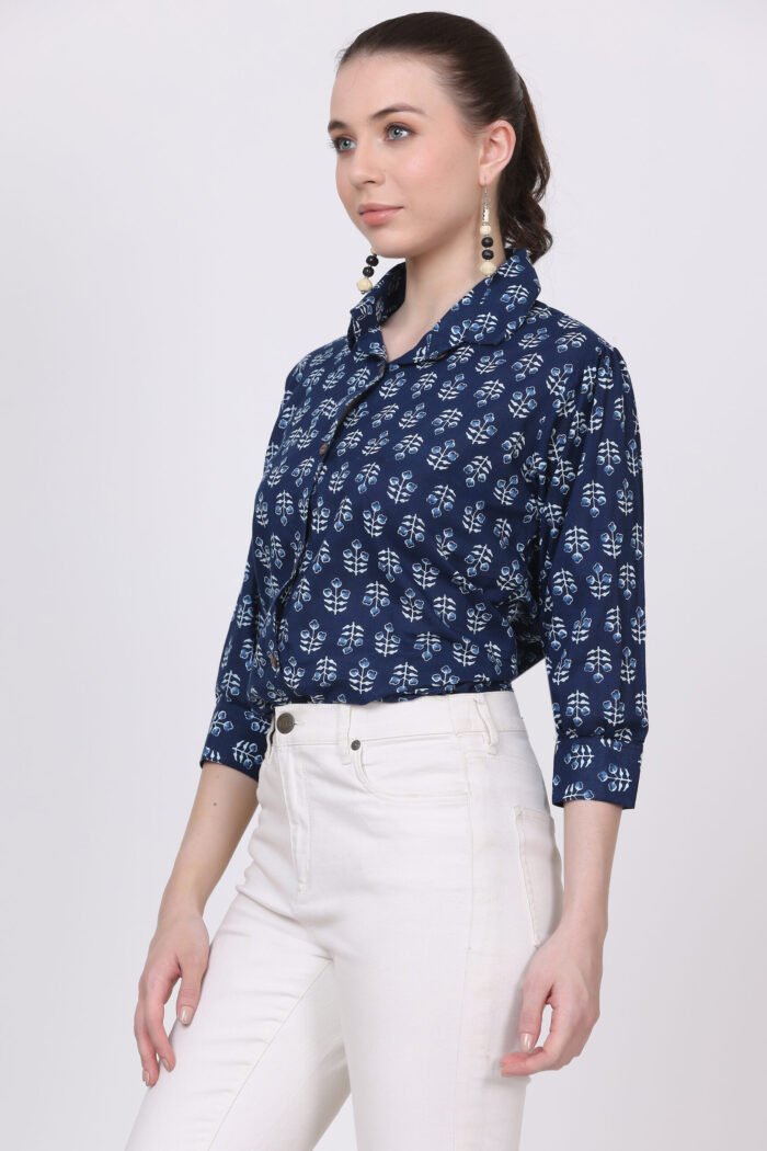 Rutba - Women Cotton Indigo Block Print ,3/4 Sleeves Shirt - Image 4