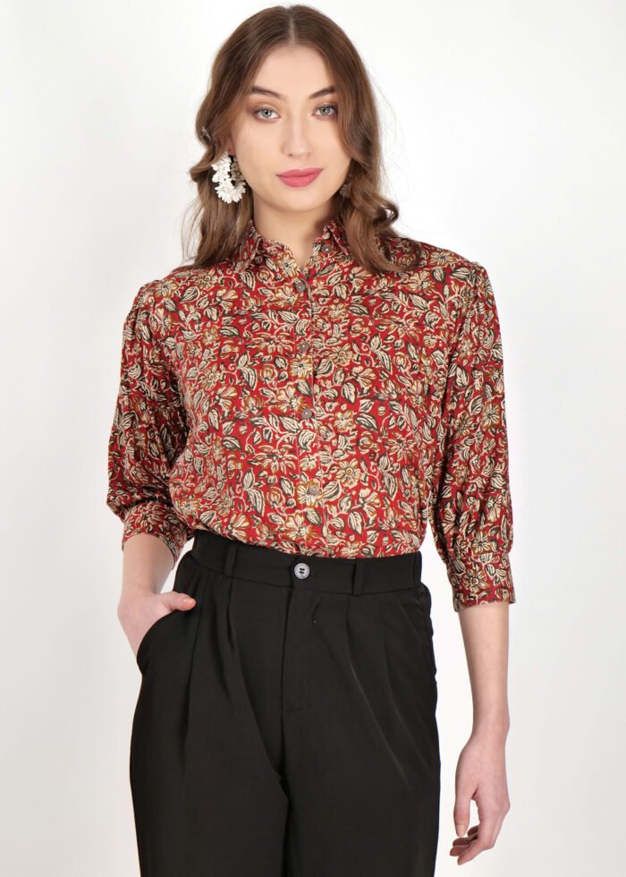 Cotton Red Kalamkari Shirt with 3/4 Sleeves - Image 7