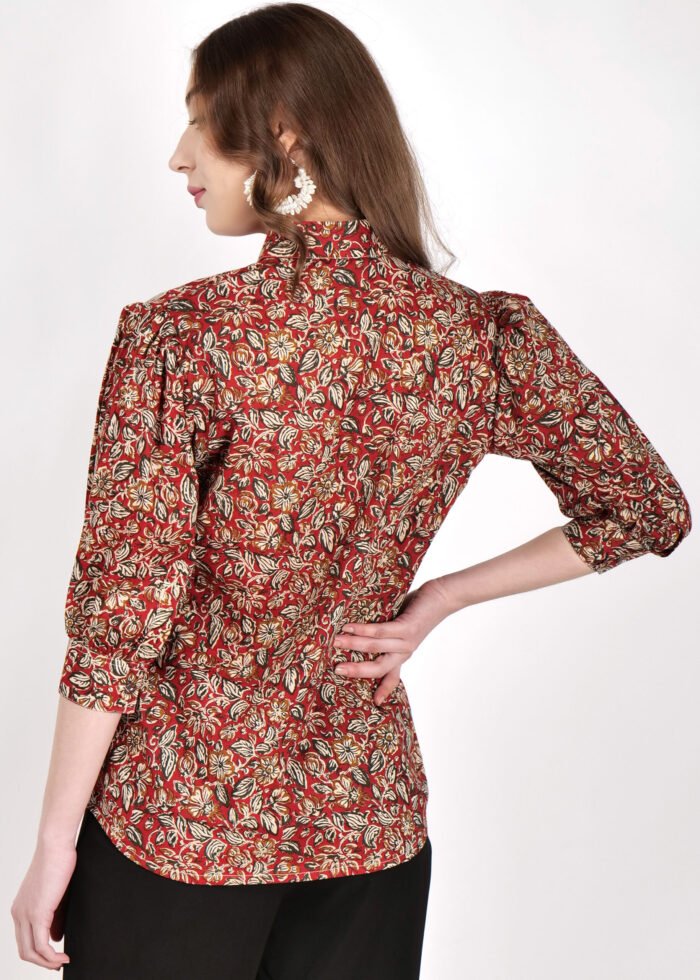 Cotton Red Kalamkari Shirt with 3/4 Sleeves - Image 6
