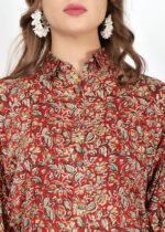 Red Kalamkari Cotton Shirt with 3/4 Sleeves - Image 5