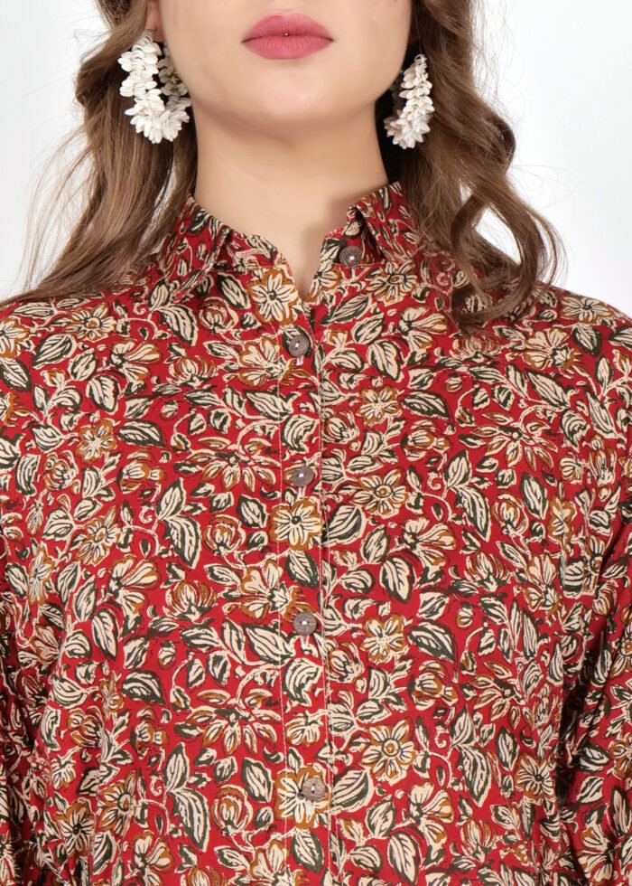 Cotton Red Kalamkari Shirt with 3/4 Sleeves - Image 5