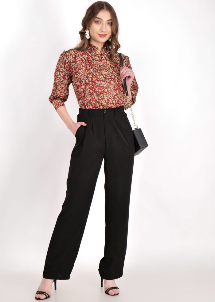 Cotton Red Kalamkari Shirt with 3/4 Sleeves - Image 1