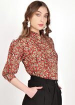 Red Kalamkari Cotton Shirt with 3/4 Sleeves - Image 4