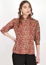 Red Kalamkari Cotton Shirt with 3/4 Sleeves - Image 3