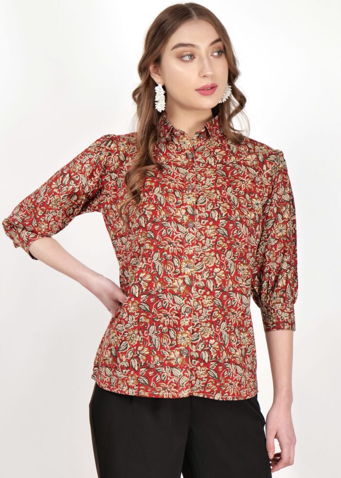 Cotton Red Kalamkari Shirt with 3/4 Sleeves - Image 3