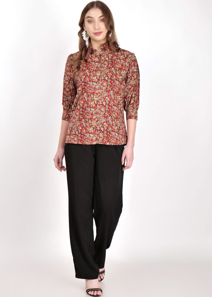 Cotton Red Kalamkari Shirt with 3/4 Sleeves - Image 2