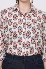 White Kalamkari print Cotton 3/4 Sleeves Shirt - Image 7