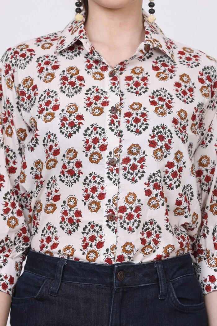 Rutba - Women Cotton White Base Kalamkari with 3/4 Sleeves Shirt - Image 7