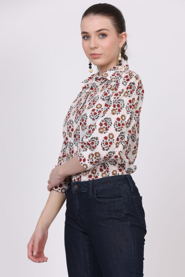 Rutba - Women Cotton White Base Kalamkari with 3/4 Sleeves Shirt - Image 4