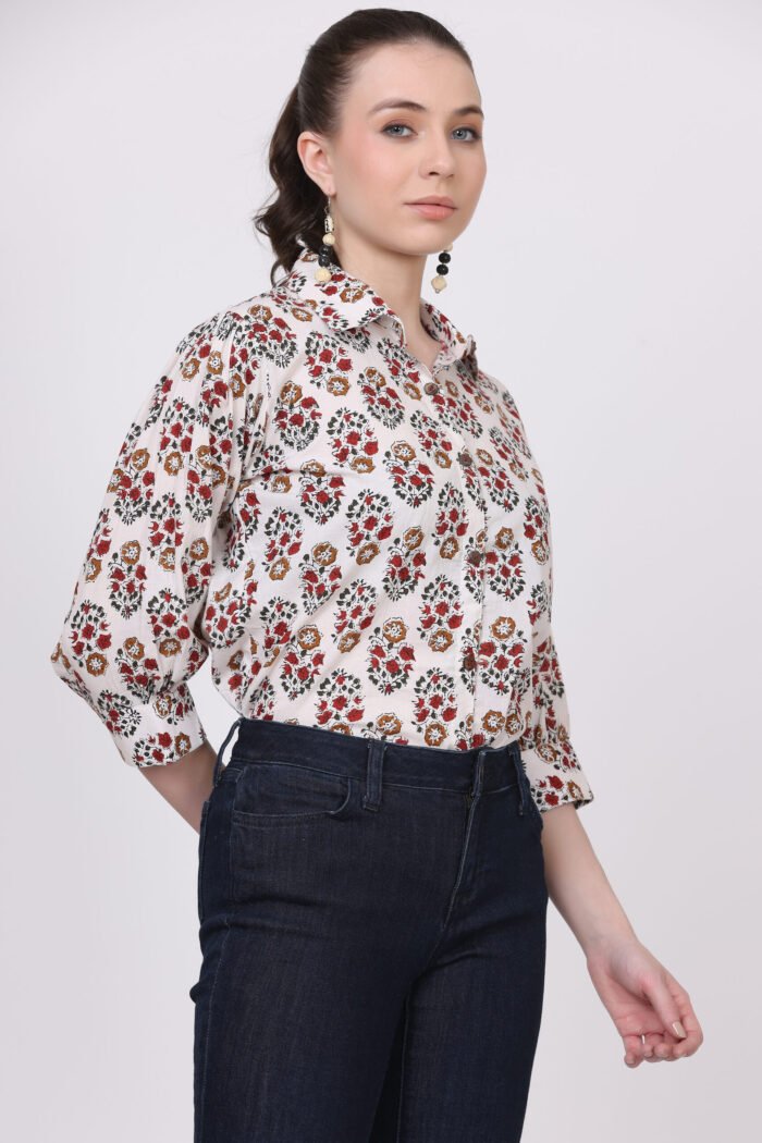 Rutba - Women Cotton White Base Kalamkari with 3/4 Sleeves Shirt - Image 3