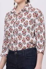 White Kalamkari print Cotton 3/4 Sleeves Shirt - Image 8