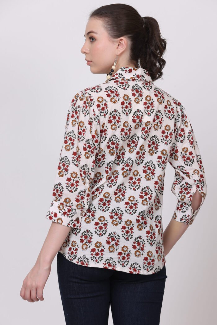 Rutba - Women Cotton White Base Kalamkari with 3/4 Sleeves Shirt - Image 10