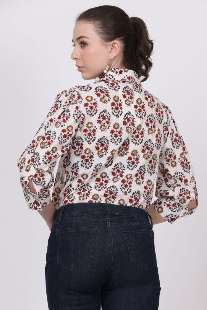 Rutba - Women Cotton White Base Kalamkari with 3/4 Sleeves Shirt - Image 9