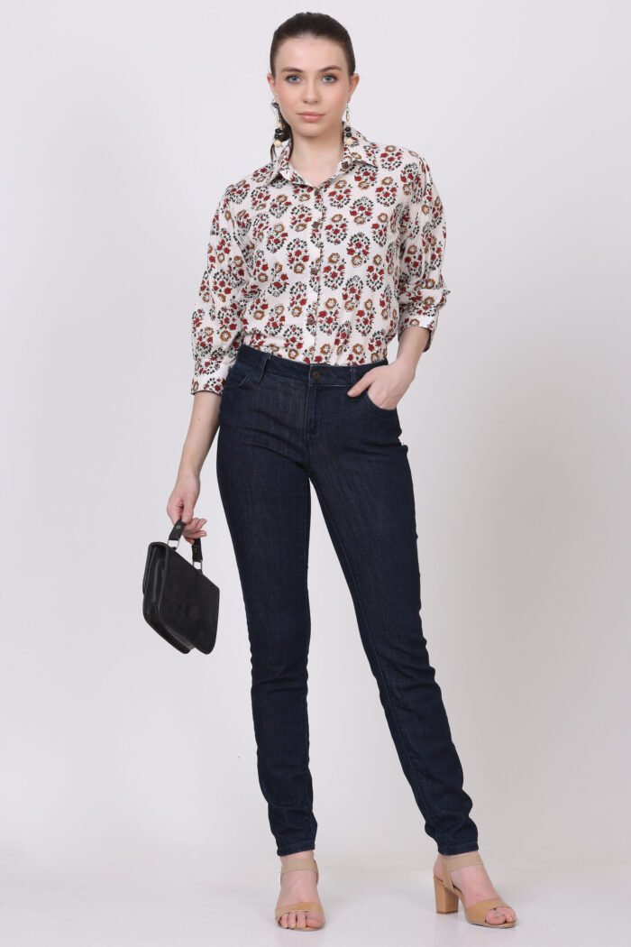 Rutba - Women Cotton White Base Kalamkari with 3/4 Sleeves Shirt - Image 1