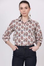 White Kalamkari print Cotton 3/4 Sleeves Shirt - Image 6