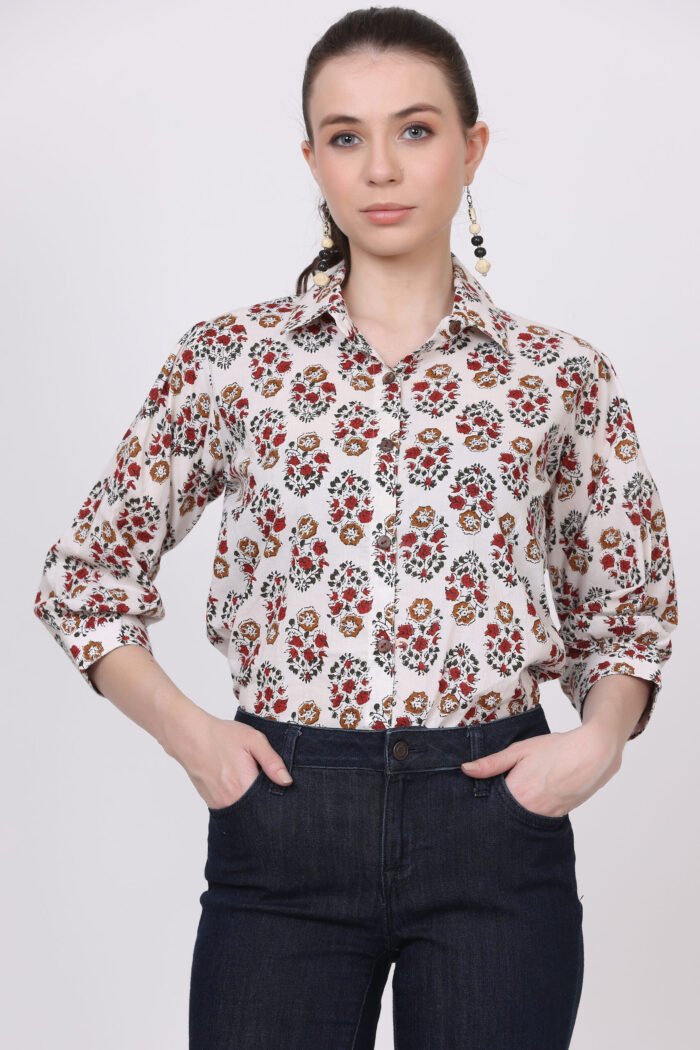 Rutba - Women Cotton White Base Kalamkari with 3/4 Sleeves Shirt - Image 6