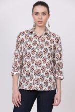White Kalamkari print Cotton 3/4 Sleeves Shirt - Image 5