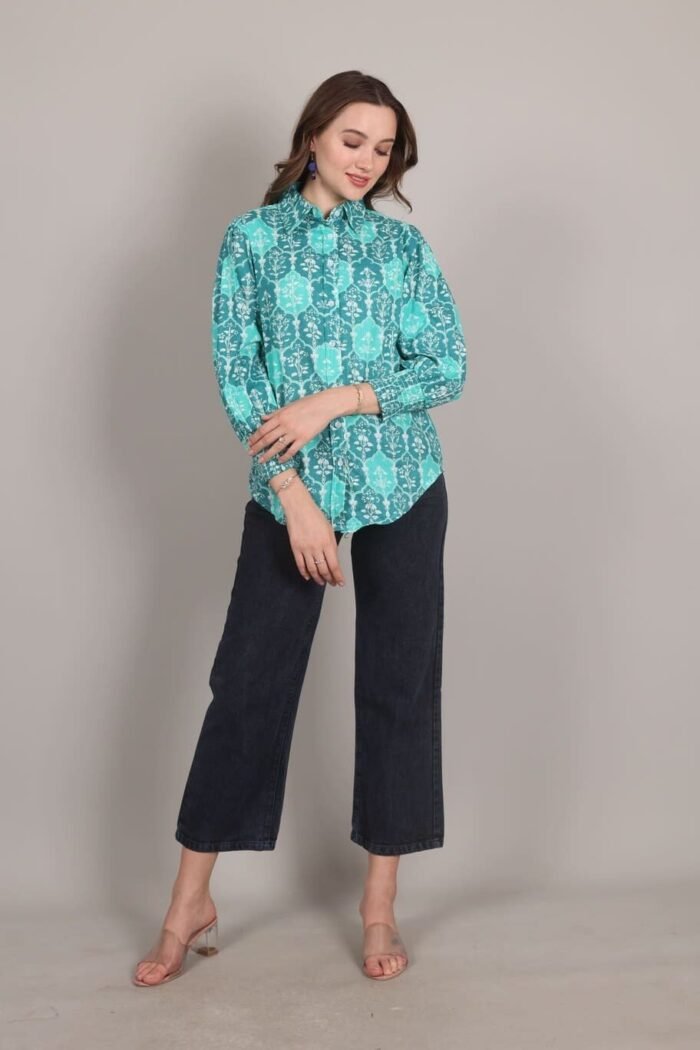 Rutba - Turquoise colour Heritage Print Cotton Shirt - Image 3