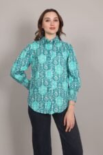 Turquoise colour Heritage Print Cotton Shirt - Image 4