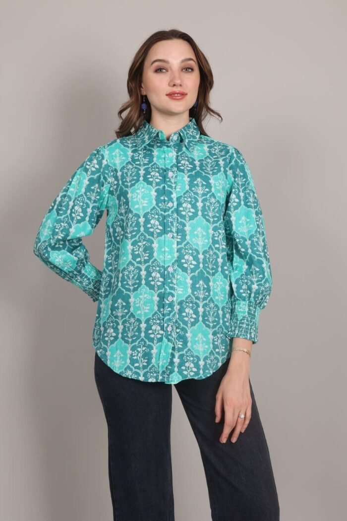 Rutba - Turquoise colour Heritage Print Cotton Shirt - Image 4