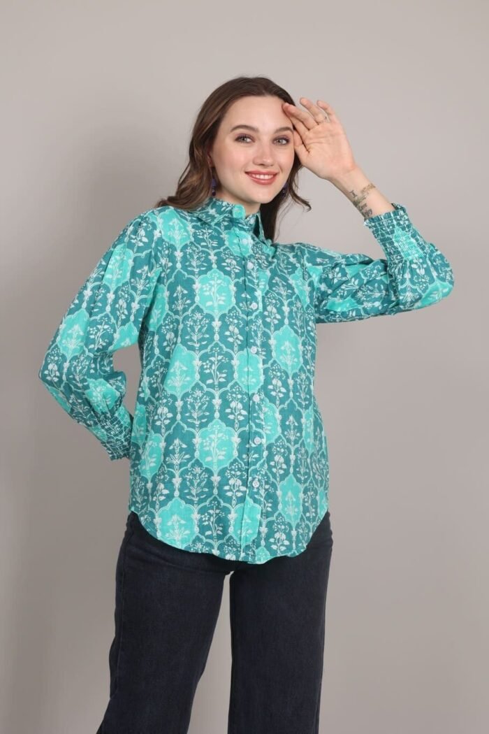 Rutba - Turquoise colour Heritage Print Cotton Shirt - Image 5