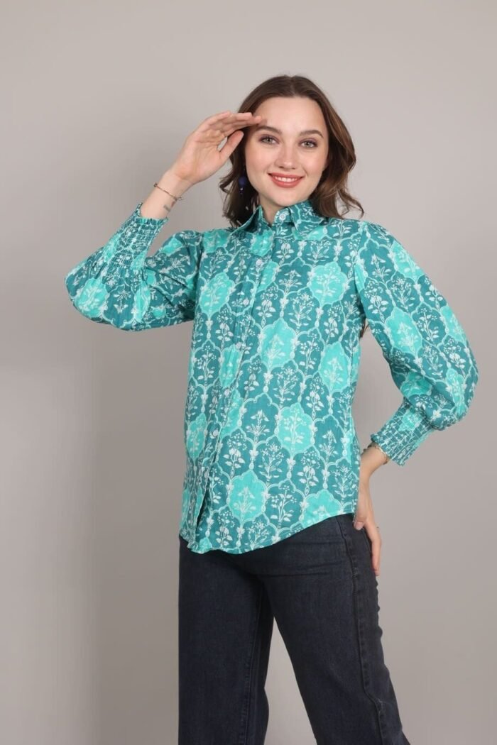 Rutba - Turquoise colour Heritage Print Cotton Shirt - Image 6