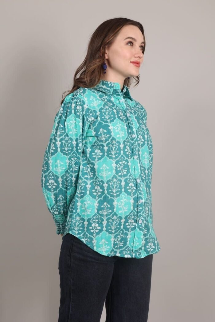 Rutba - Turquoise colour Heritage Print Cotton Shirt - Image 7