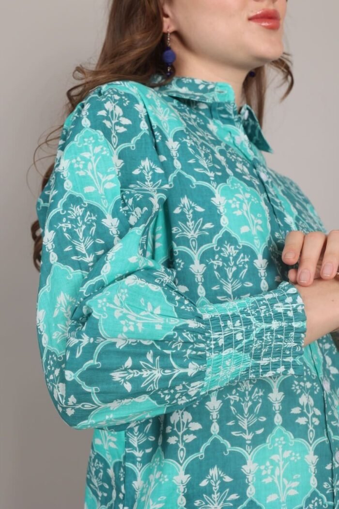 Rutba - Turquoise colour Heritage Print Cotton Shirt - Image 9