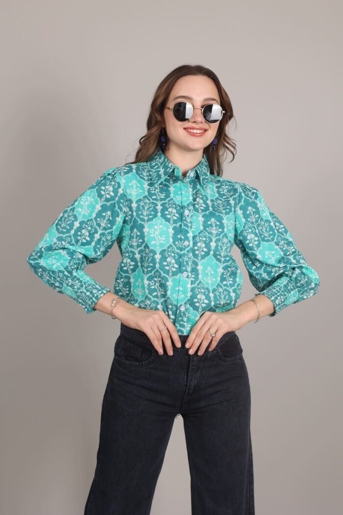 Rutba - Turquoise colour Heritage Print Cotton Shirt - Image 10