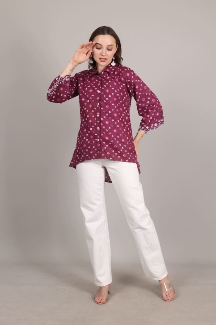 -Navya - Wine Rajasthani Print Embroidered Shirt - Image 3