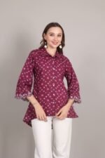 *Wine Bandhani Print Embroidered Shirt - Image 4