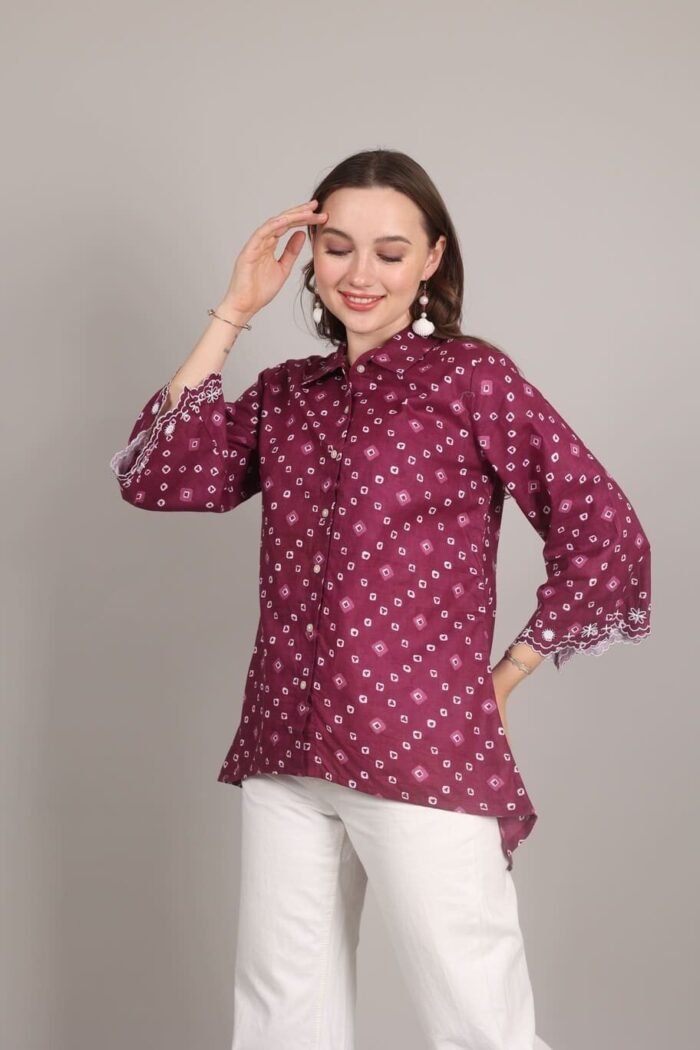-Navya - Wine Rajasthani Print Embroidered Shirt - Image 5