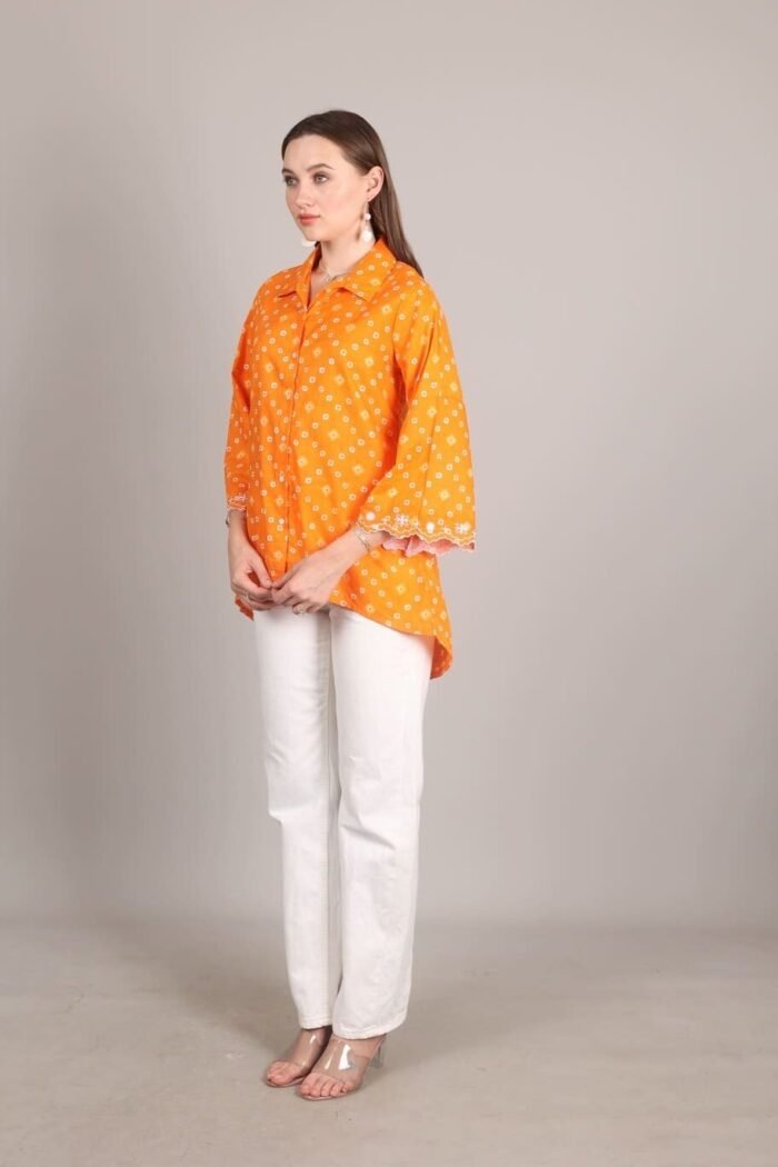 -Navya - Orange Rajasthani Print Embroidered Shirt - Image 3